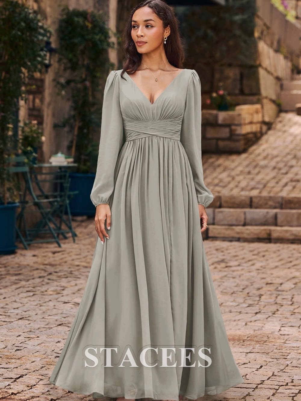 Stacees Sage Green V-Neck Long Sleeve Maxi Dress